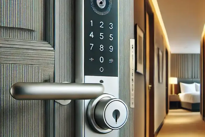 se muestra sistema de cerradura apertura con tarjetas y código para hotel y piso turistico